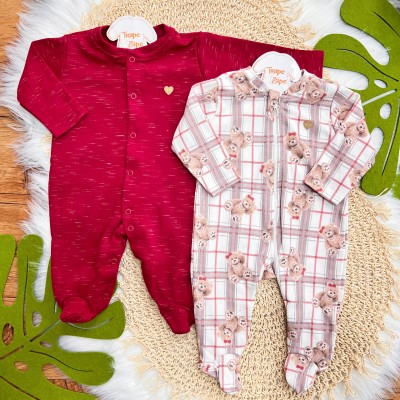 Kit 2 Macacões de Malha - Abertura Botão e Zíper - Ursinhas - Vermelho e Xadrez